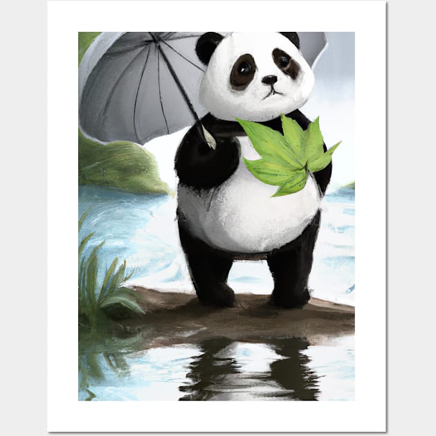 Panda with Leaf Umbrella Wall Art by maxcode